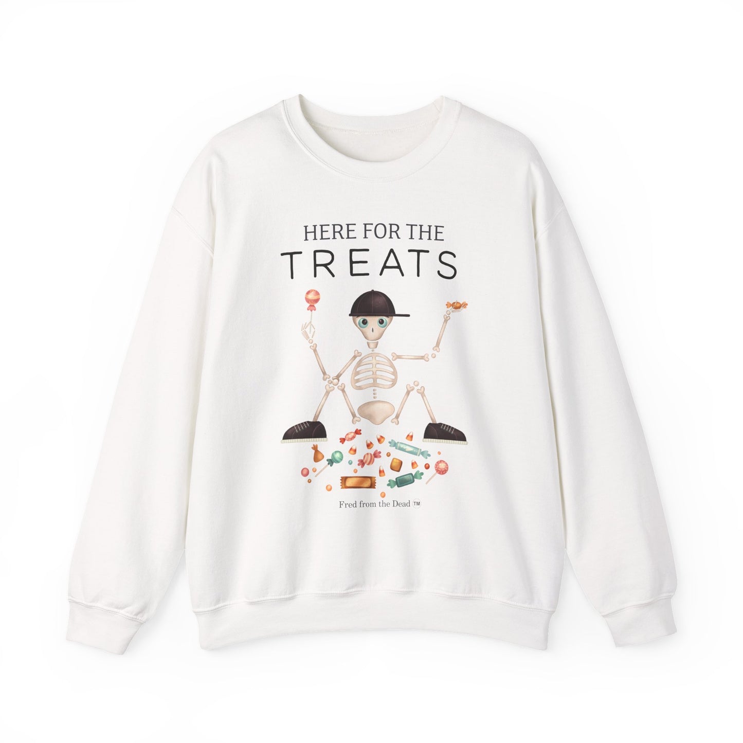 Halloween 'Here For The Treats' Crewneck Sweatshirt — Cute Skeleton Candy Design