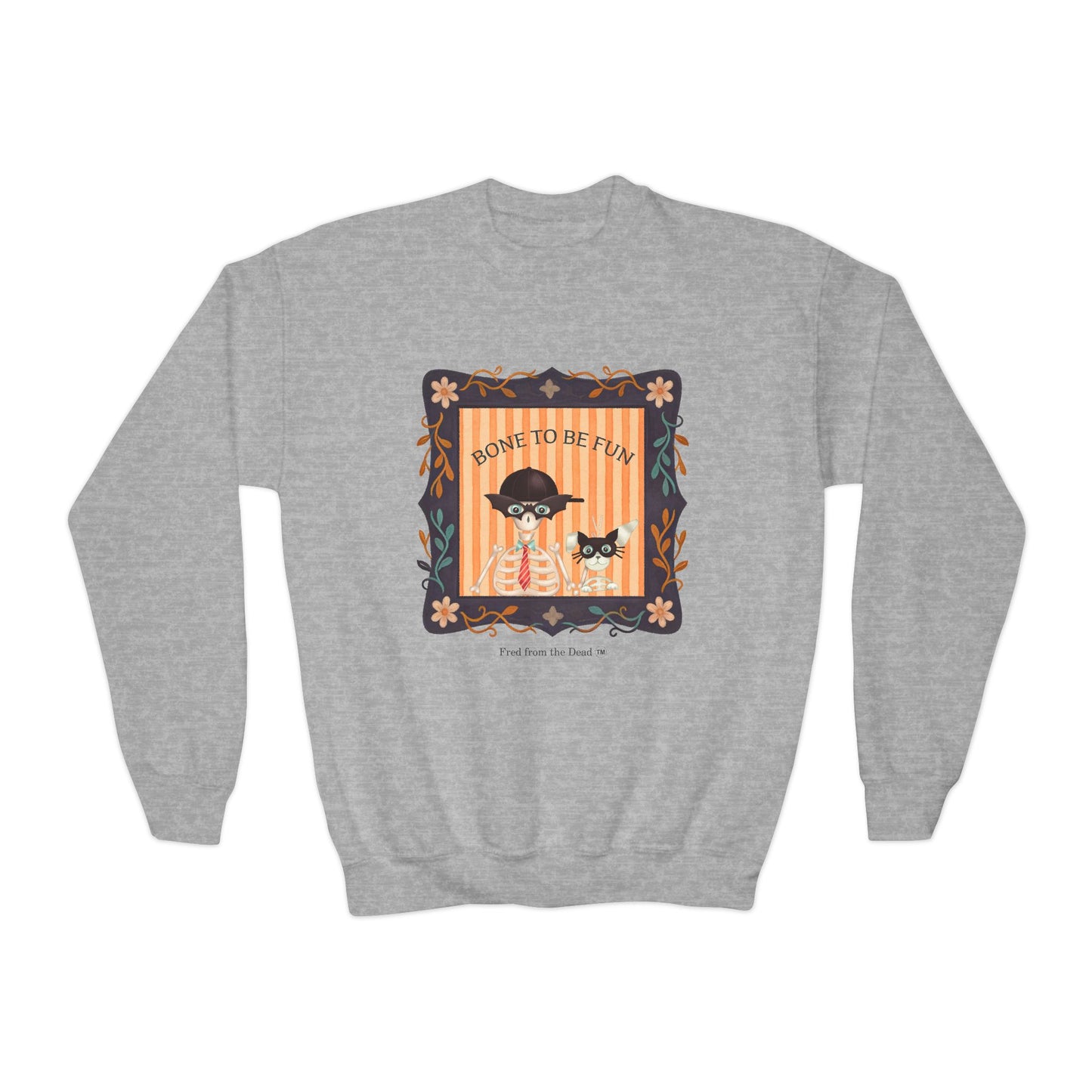 Youth Crewneck Sweatshirt — 'Bone to be Fun' Cute Fred skeleton and Femur the Dog Halloween Sweatshirt