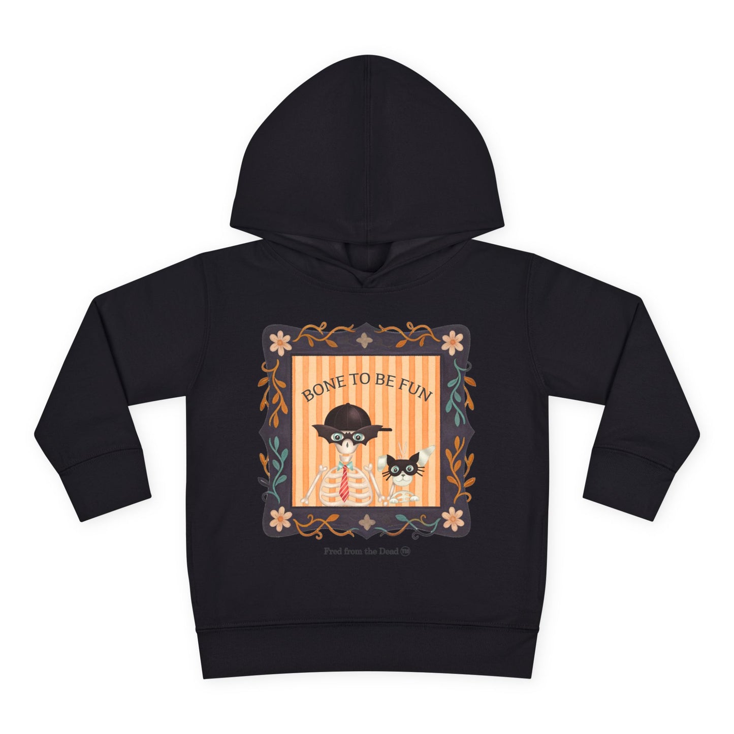 Toddler Halloween Hoodie — "Bone to Be Fun" Cute Fred from the Dead Skeleton and Femur the Dog