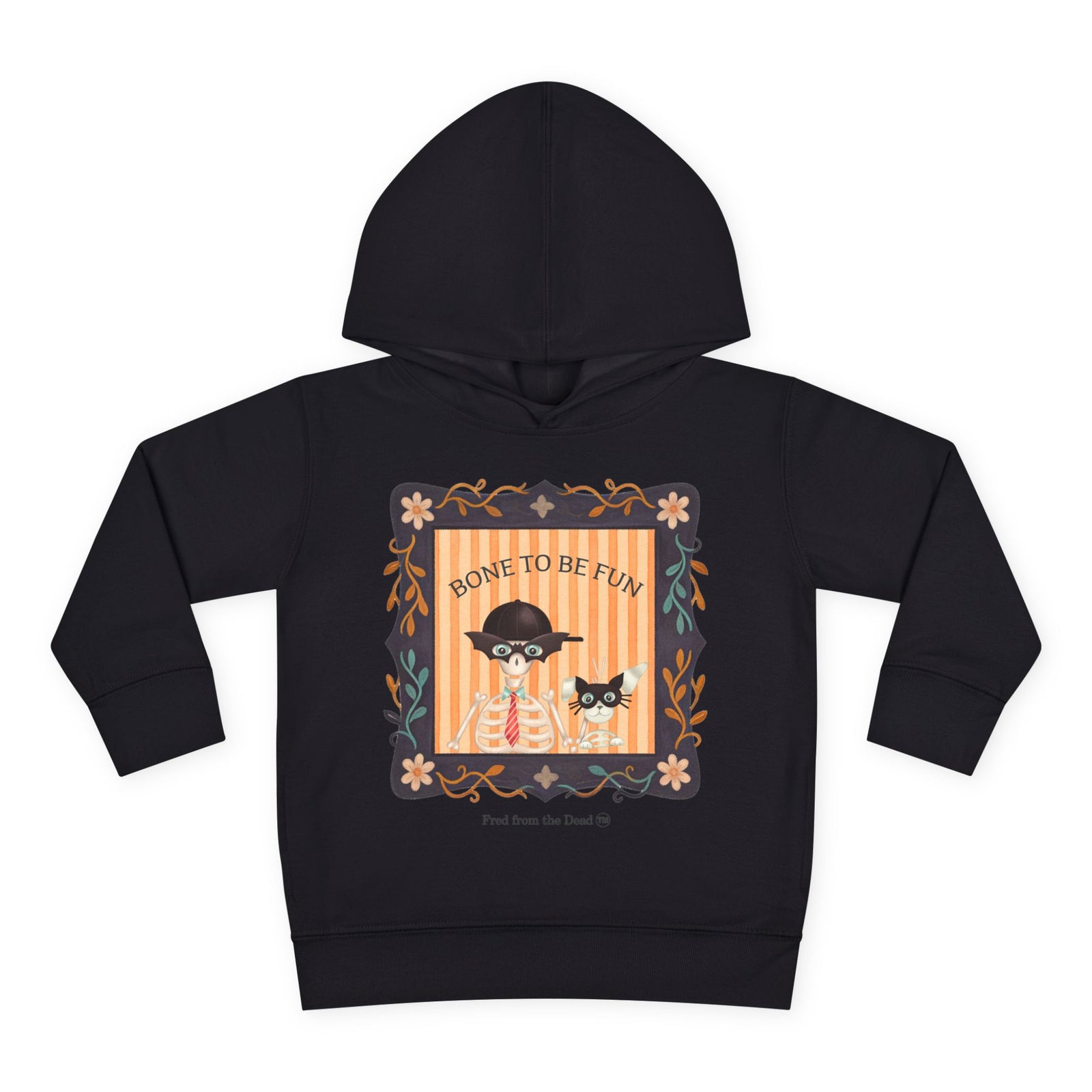 Toddler Halloween Hoodie — "Bone to Be Fun" Cute Fred from the Dead Skeleton and Femur the Dog