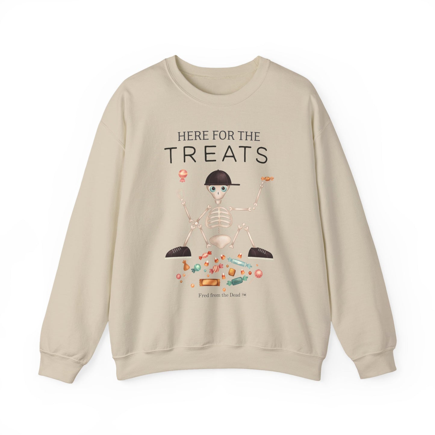 Halloween 'Here For The Treats' Crewneck Sweatshirt — Cute Skeleton Candy Design