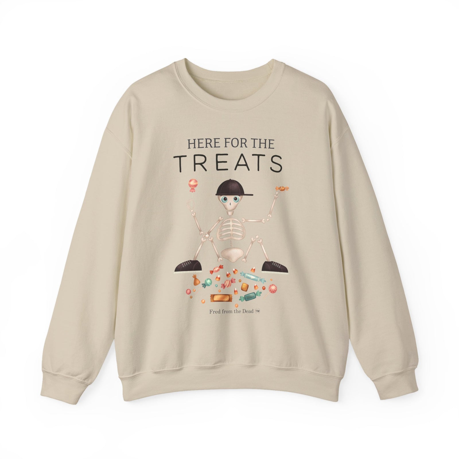 Halloween 'Here For The Treats' Crewneck Sweatshirt — Cute Skeleton Candy Design