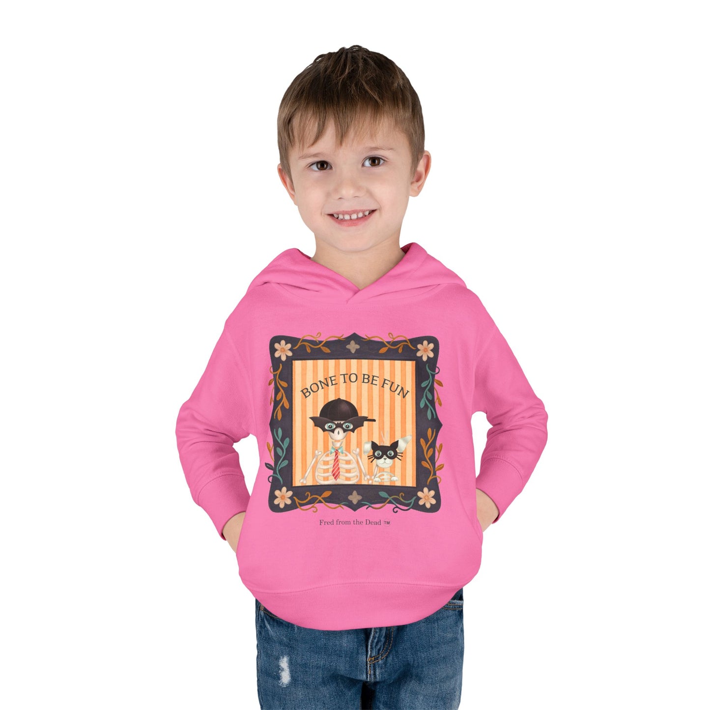 Toddler Halloween Hoodie — "Bone to Be Fun" Cute Fred from the Dead Skeleton and Femur the Dog