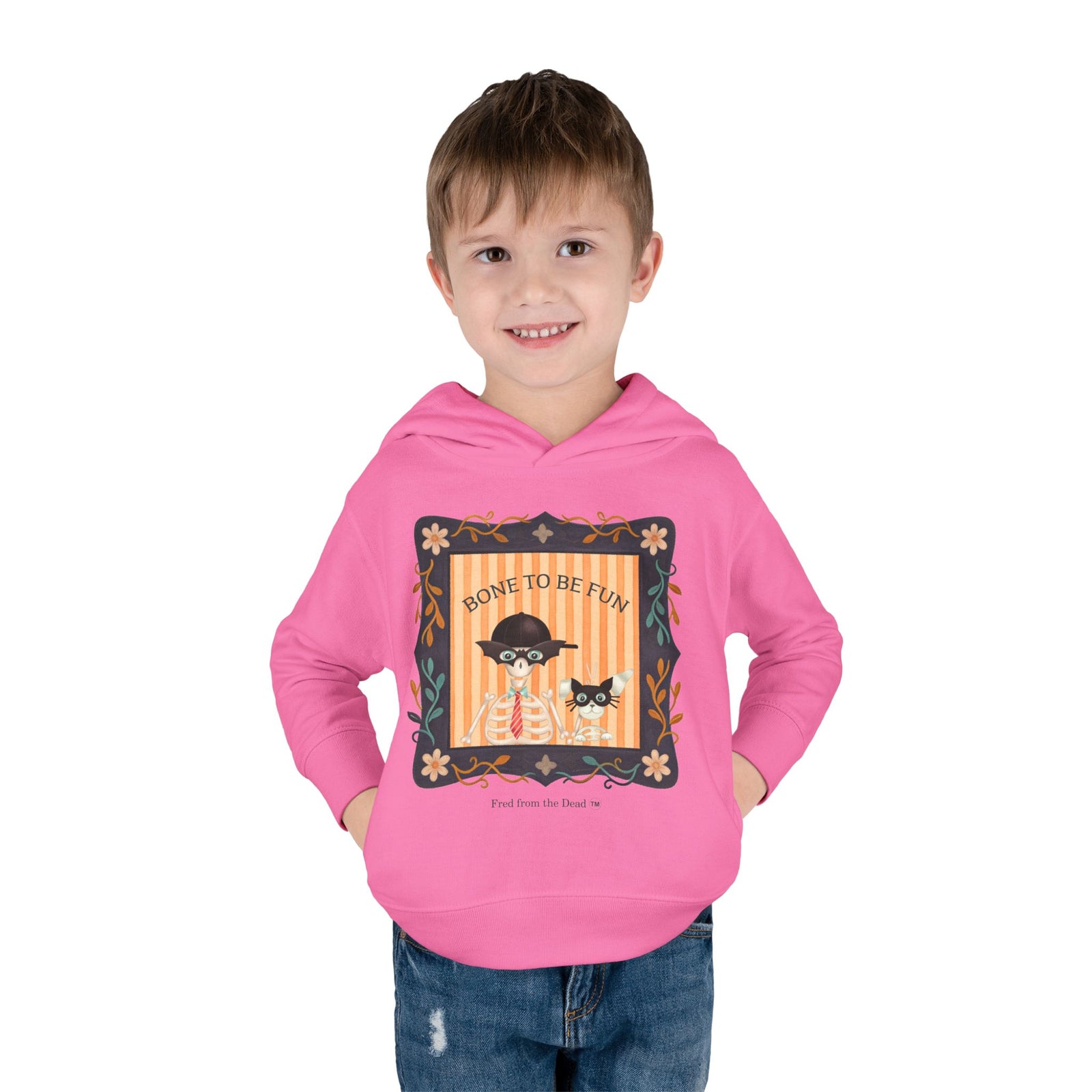 Toddler Halloween Hoodie — "Bone to Be Fun" Cute Fred from the Dead Skeleton and Femur the Dog