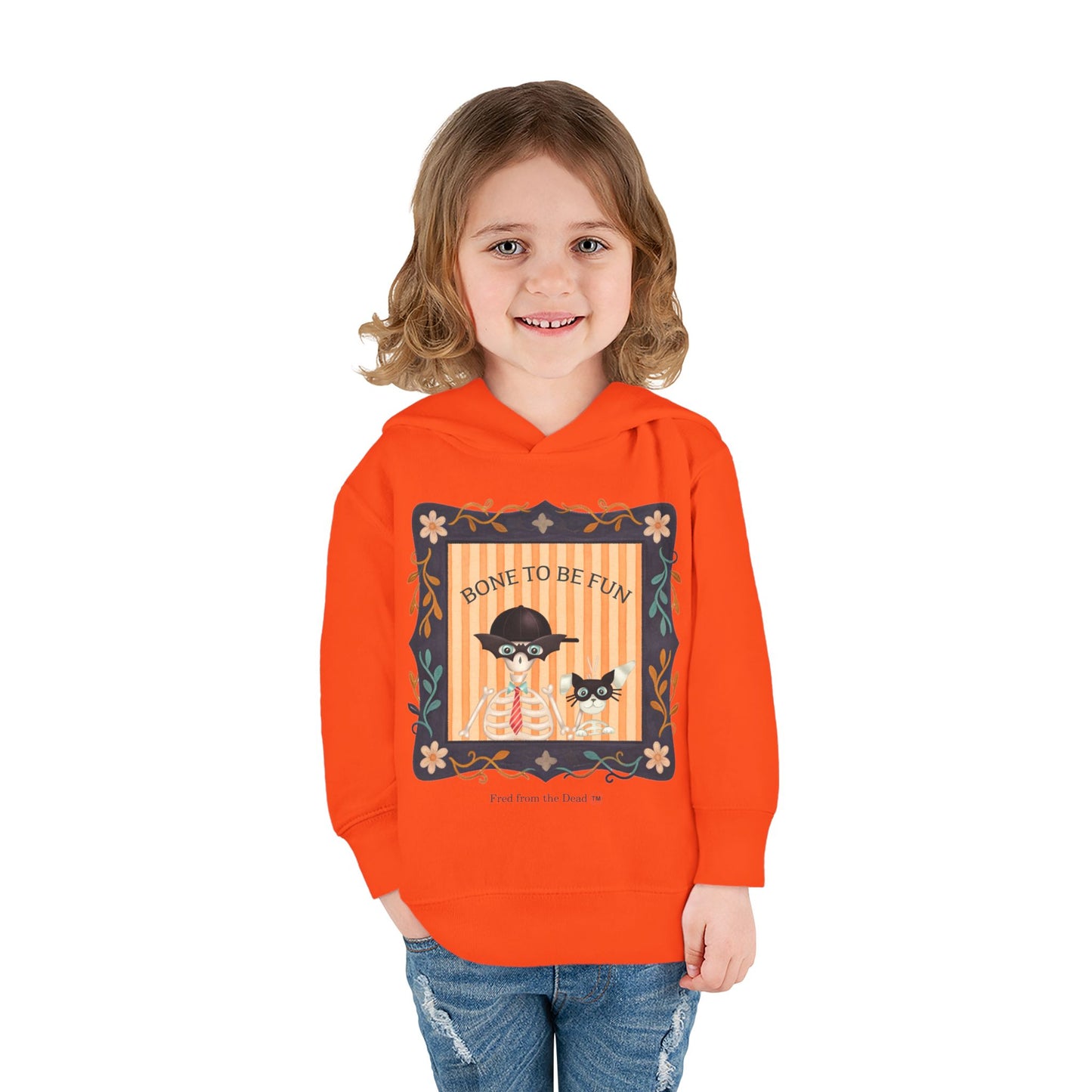 Toddler Halloween Hoodie — "Bone to Be Fun" Cute Fred from the Dead Skeleton and Femur the Dog