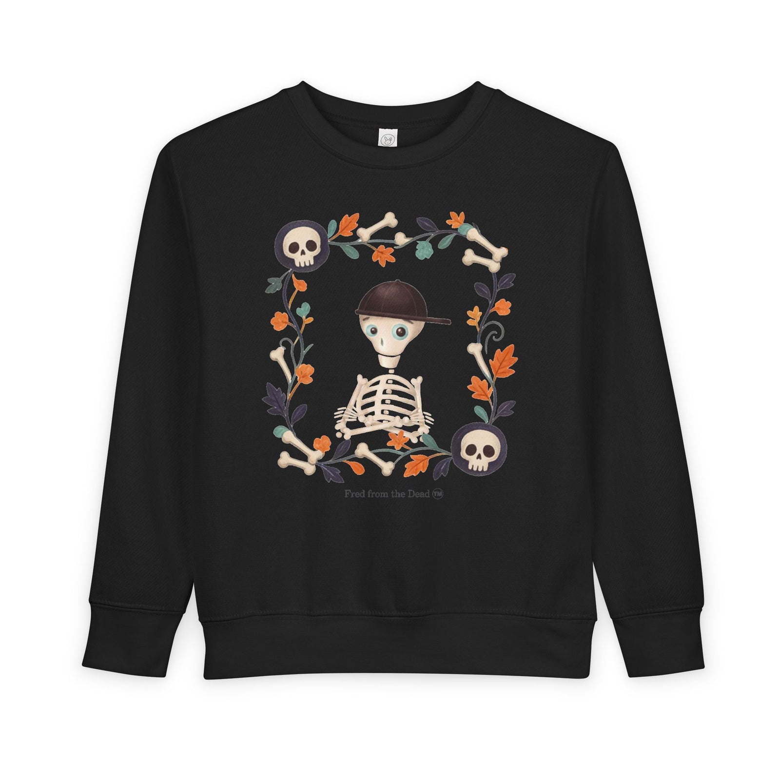 Toddler Sweatshirt — Cute Fred from the Dead Skeleton Kid Floral Frame - Halloween Sweatshirt