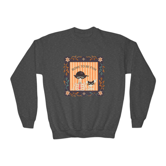 Youth Crewneck Sweatshirt — 'Bone to be Fun' Cute Fred skeleton and Femur the Dog Halloween Sweatshirt