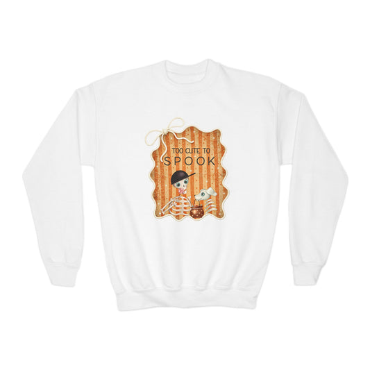 Youth Crewneck Sweatshirt — "Too Cute to Spook" Vintage Halloween Kids Sweatshirt - Fred from the Dead