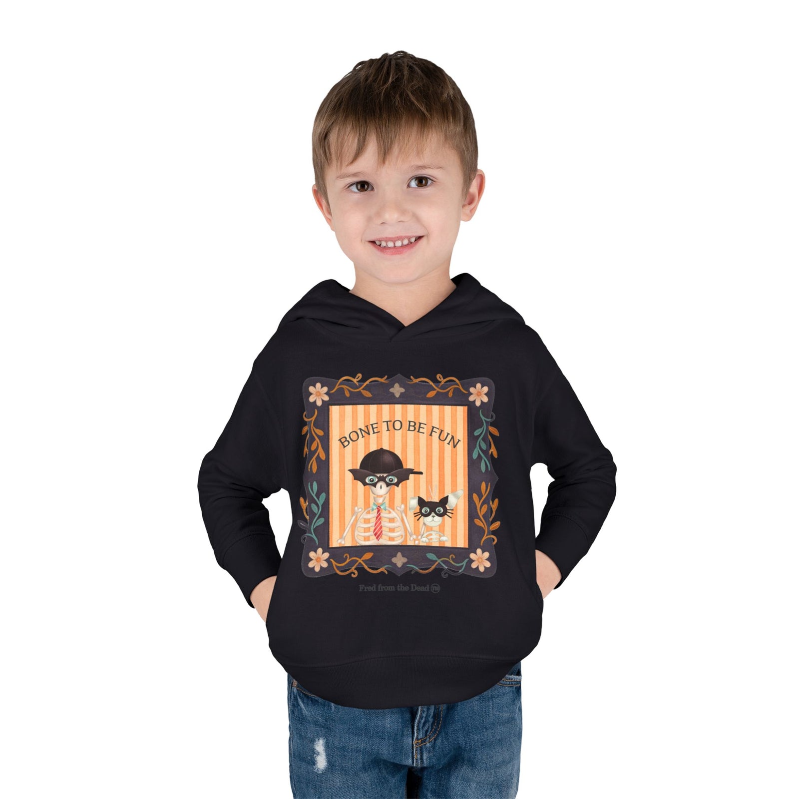 Toddler Halloween Hoodie — "Bone to Be Fun" Cute Fred from the Dead Skeleton and Femur the Dog