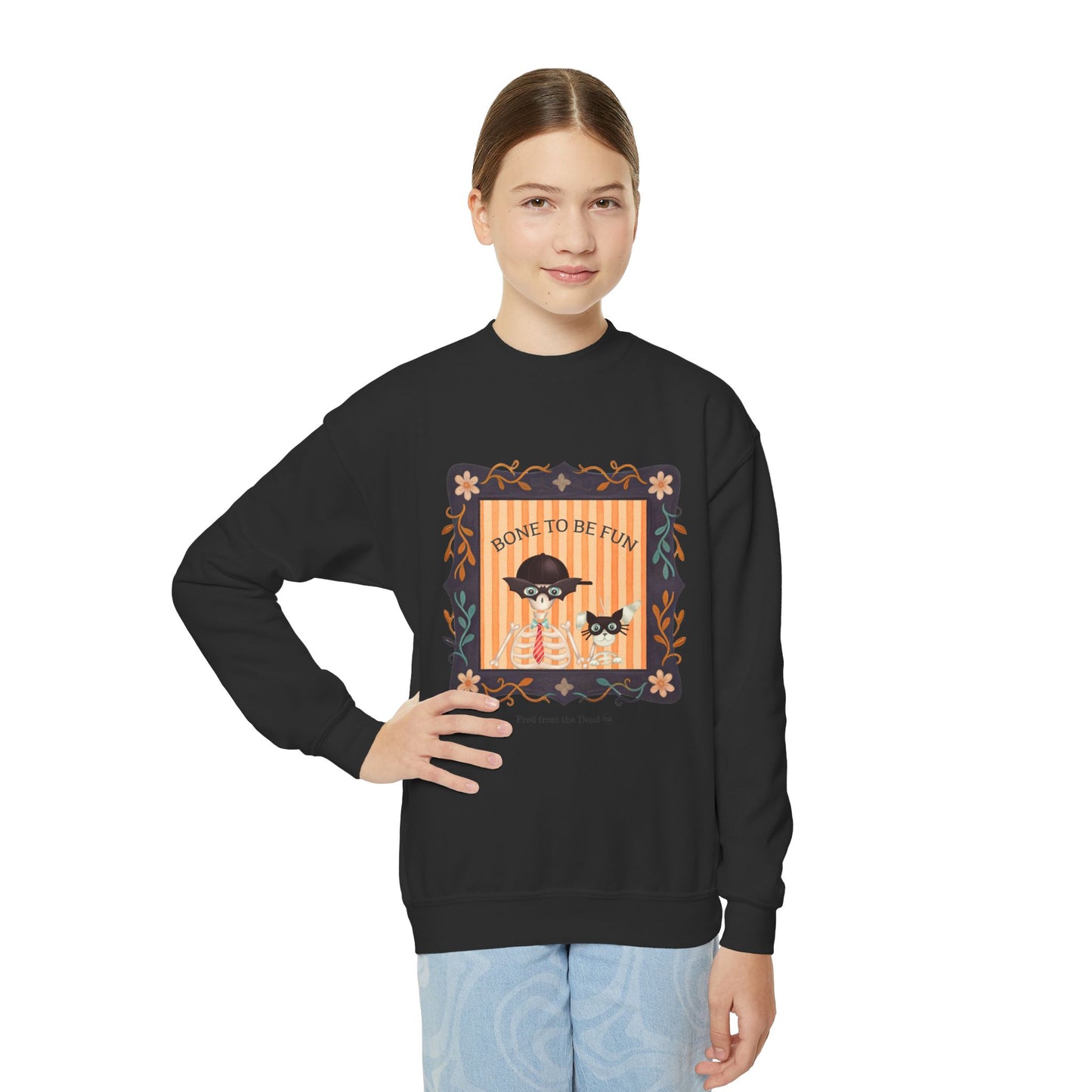 Youth Crewneck Sweatshirt — 'Bone to be Fun' Cute Fred skeleton and Femur the Dog Halloween Sweatshirt