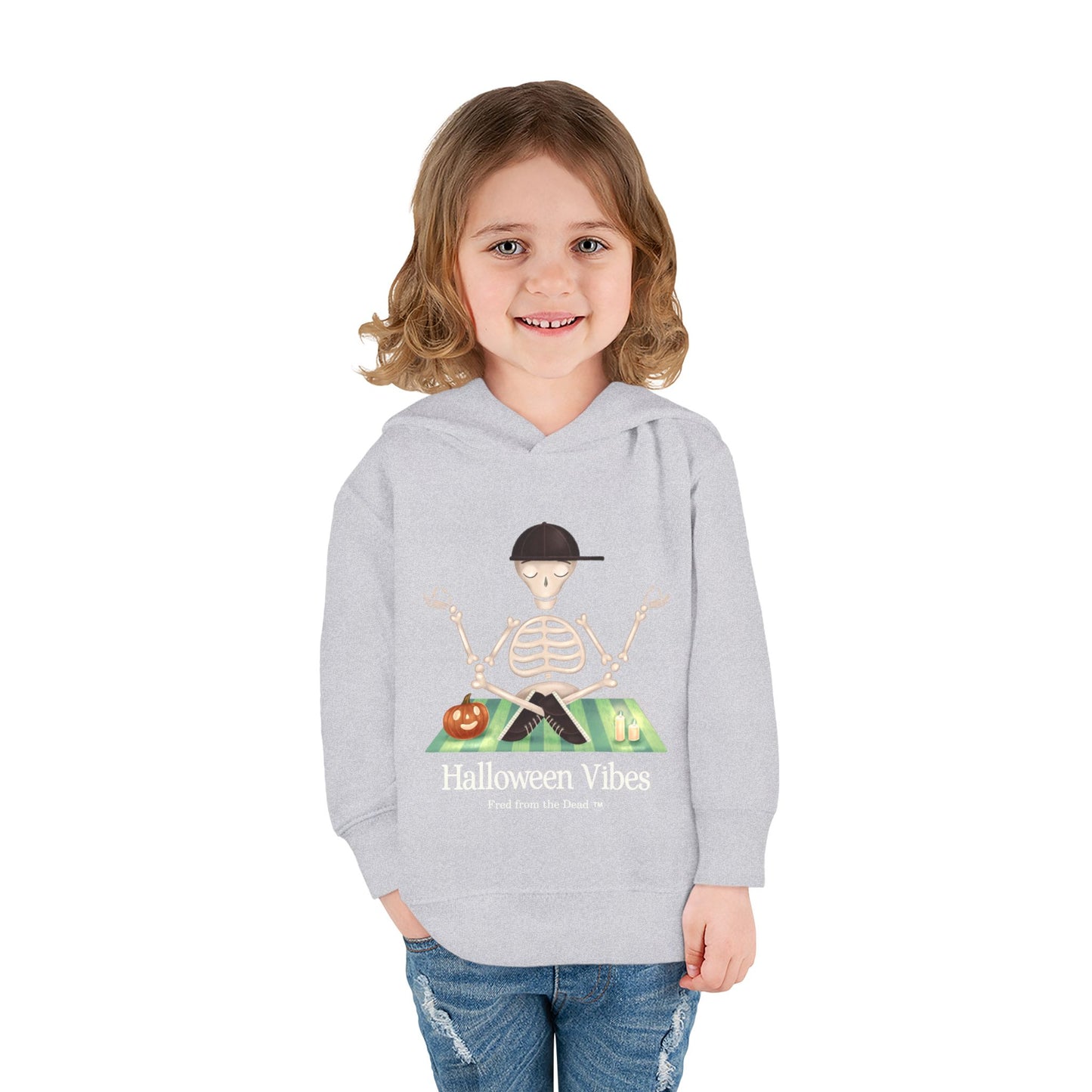 Toddler Hoodie — "Halloween Vibes" Skeleton Pumpkin Kids Pullover