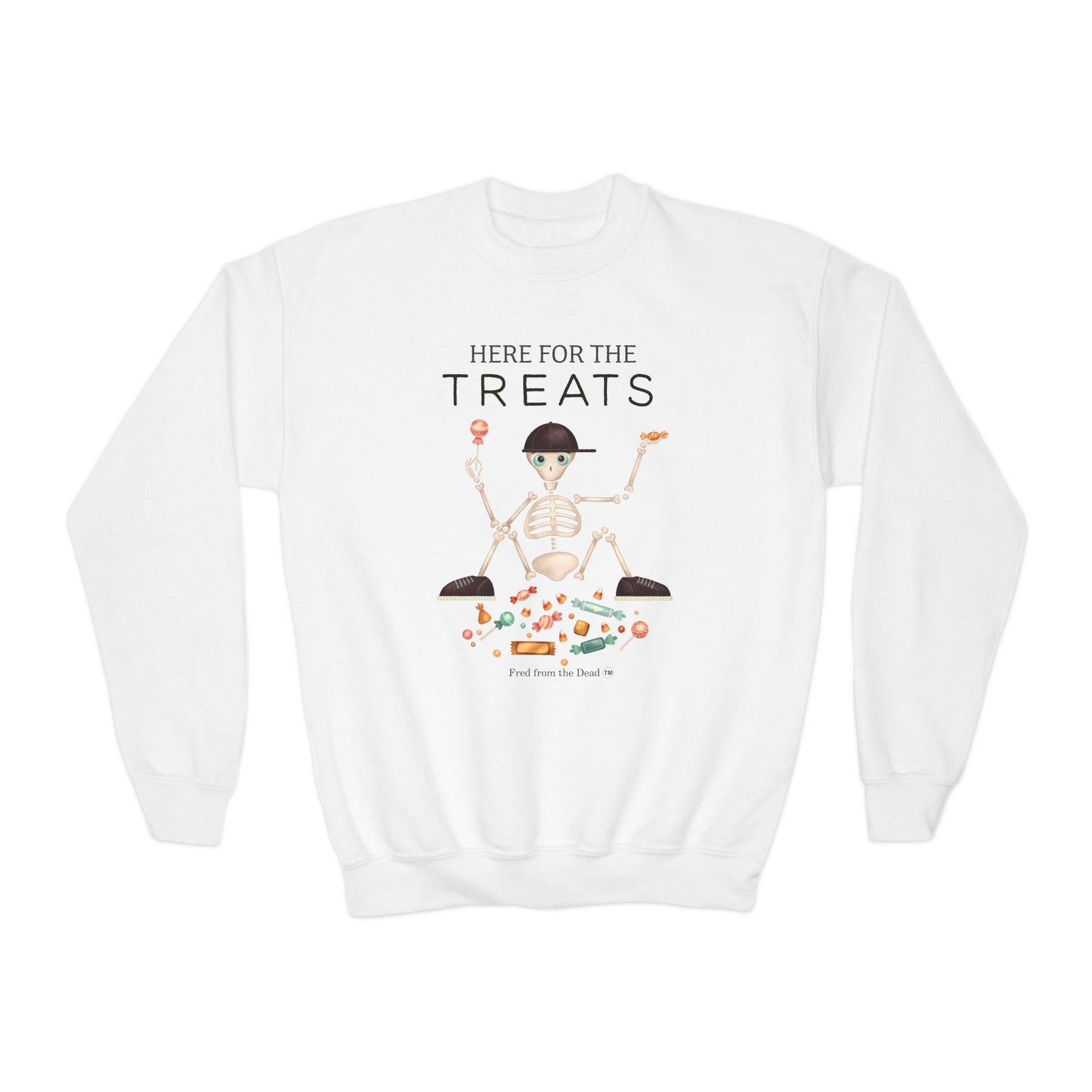 Youth Sweatshirt — "Here for the Treats" Halloween Candy Crewneck