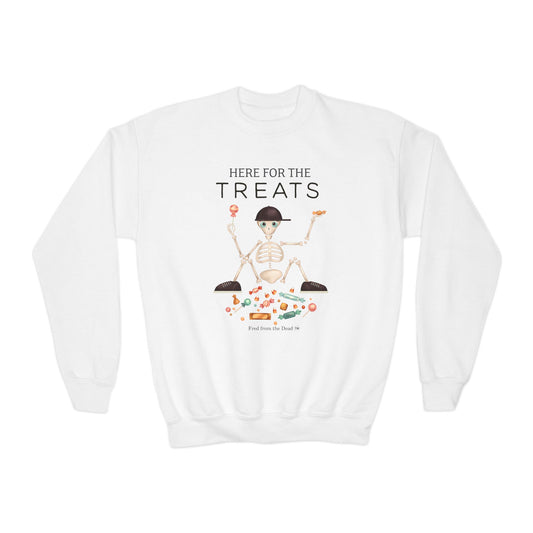 Youth Sweatshirt — "Here for the Treats" Halloween Candy Crewneck