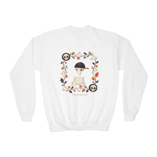Youth Crewneck Sweatshirt — Fred from the Dead Cute Skeleton Fall Frame Graphic (Autumn, Halloween)