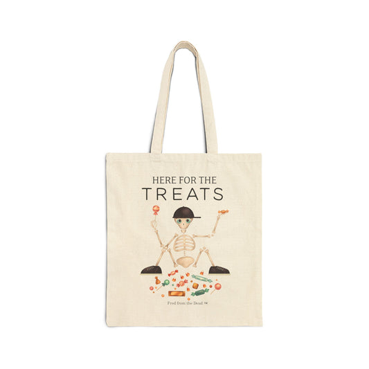 Tote Bag — "Here for the Treats" Halloween Skeleton Candy Tote
