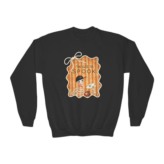 Youth Crewneck Sweatshirt — "Too Cute to Spook" Vintage Halloween Kids Sweatshirt - Fred from the Dead