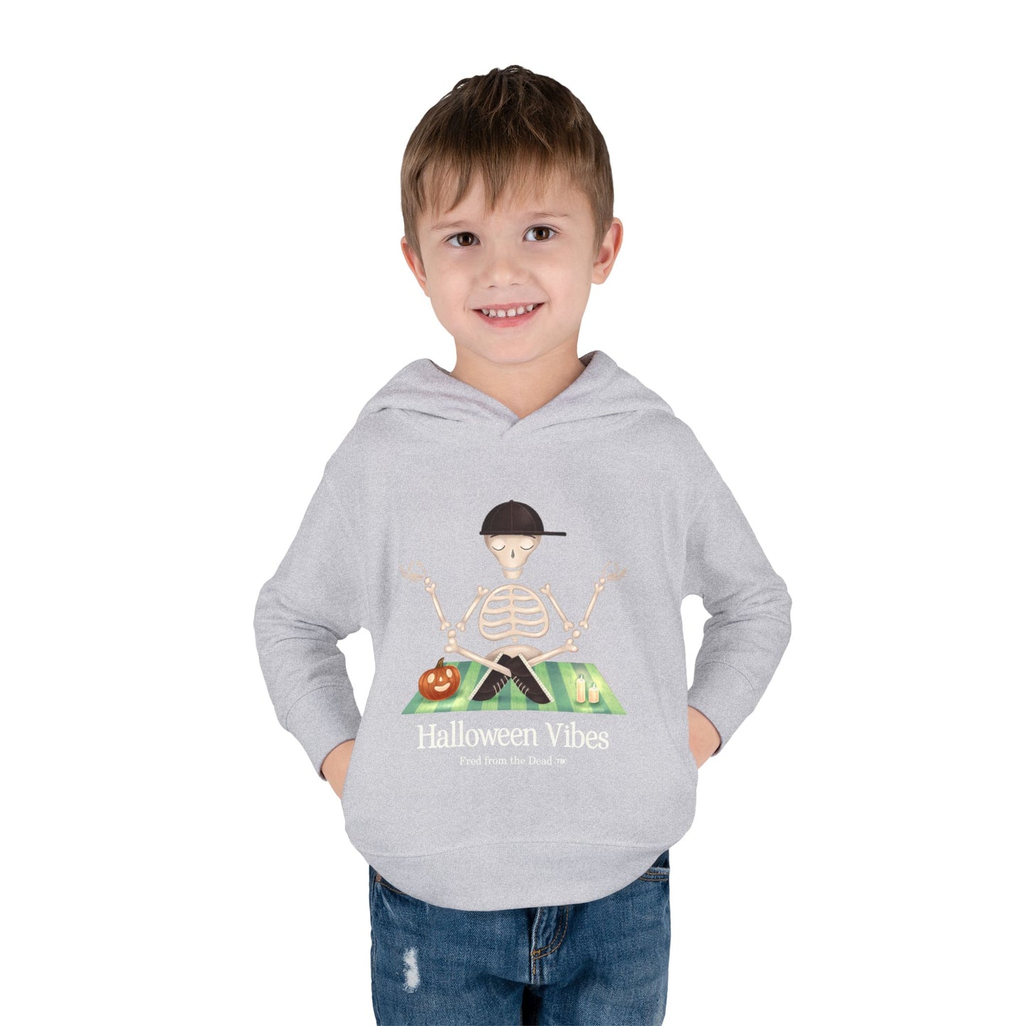 Toddler Hoodie — "Halloween Vibes" Skeleton Pumpkin Kids Pullover
