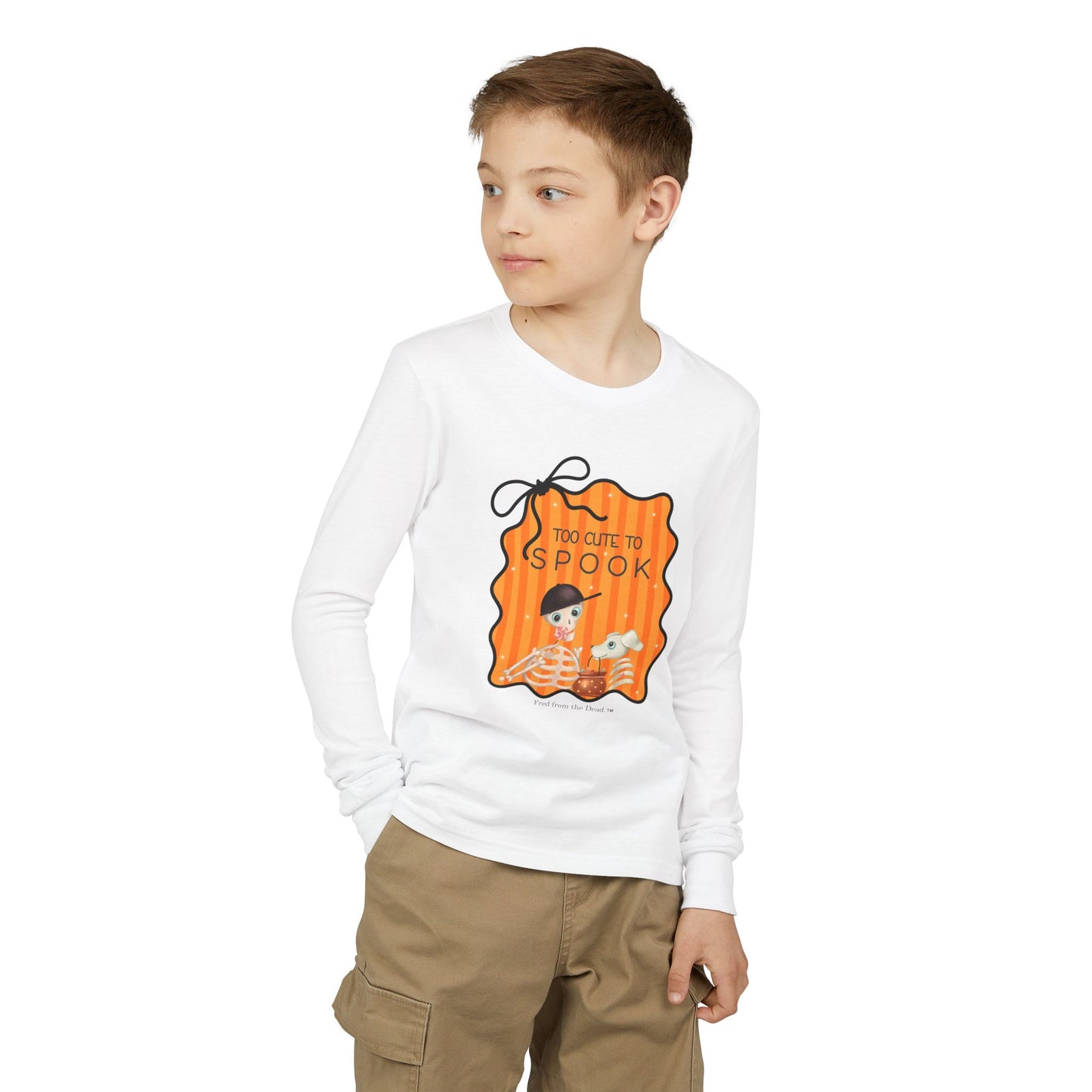 Youth Long Sleeve Tee — "Too Cute to Spook" Fred from the Dead Skeleton and Femur the Dog Halloween Shirt