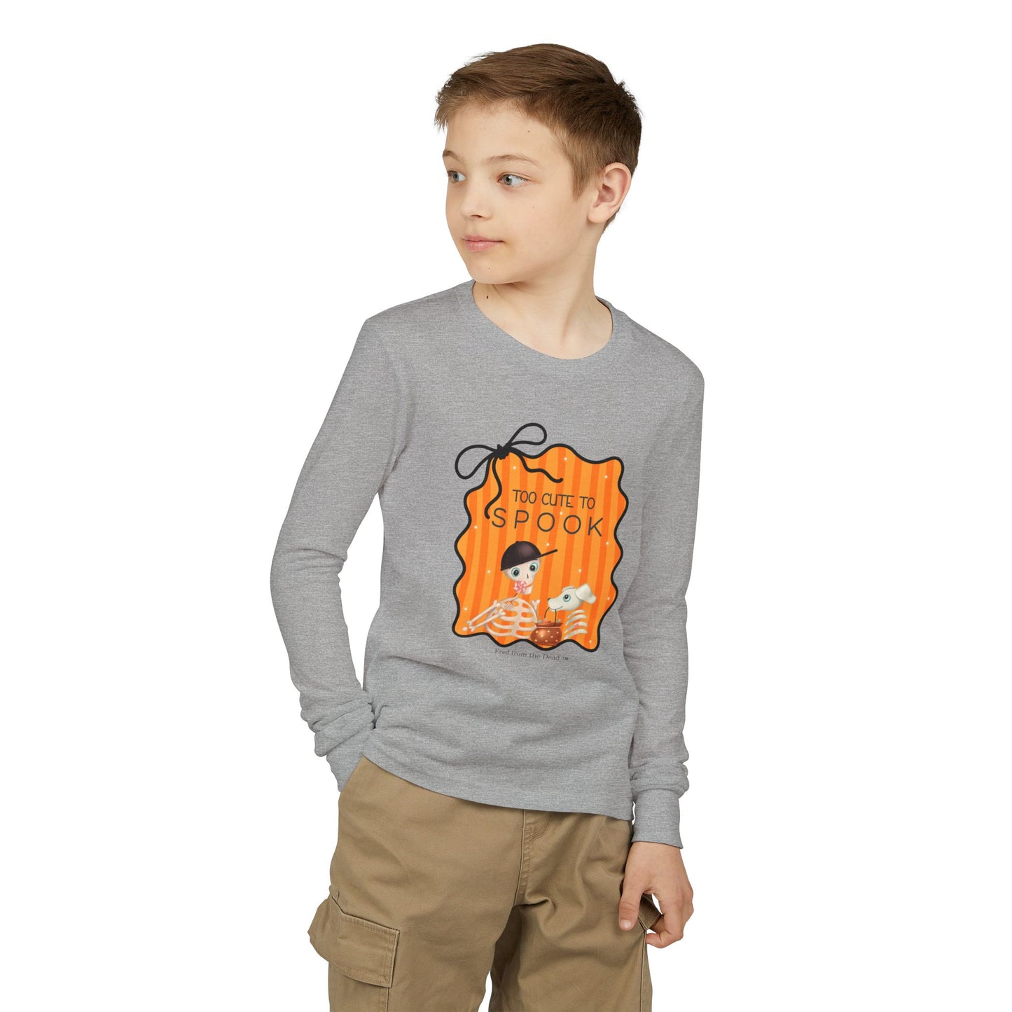 Youth Long Sleeve Tee — "Too Cute to Spook" Fred from the Dead Skeleton and Femur the Dog Halloween Shirt