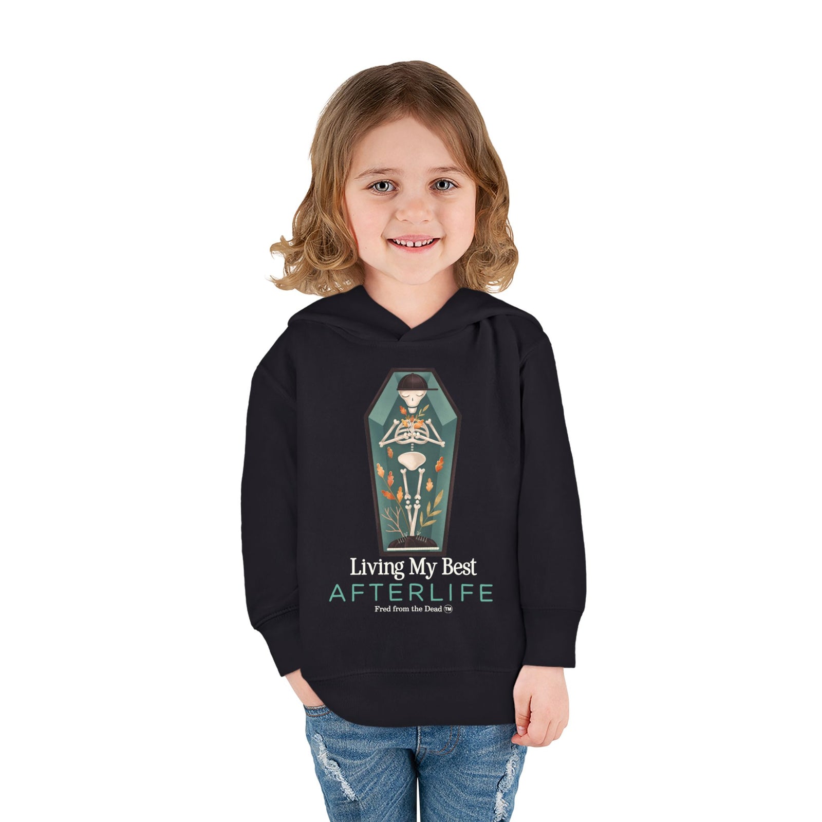 Toddler Hoodie — Living My Best Afterlife Skeleton Coffin Design